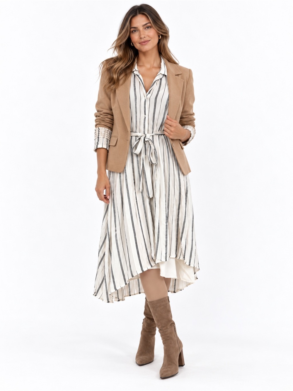 Halston Heritage Striped High-Low Belted Shirt Dress XL